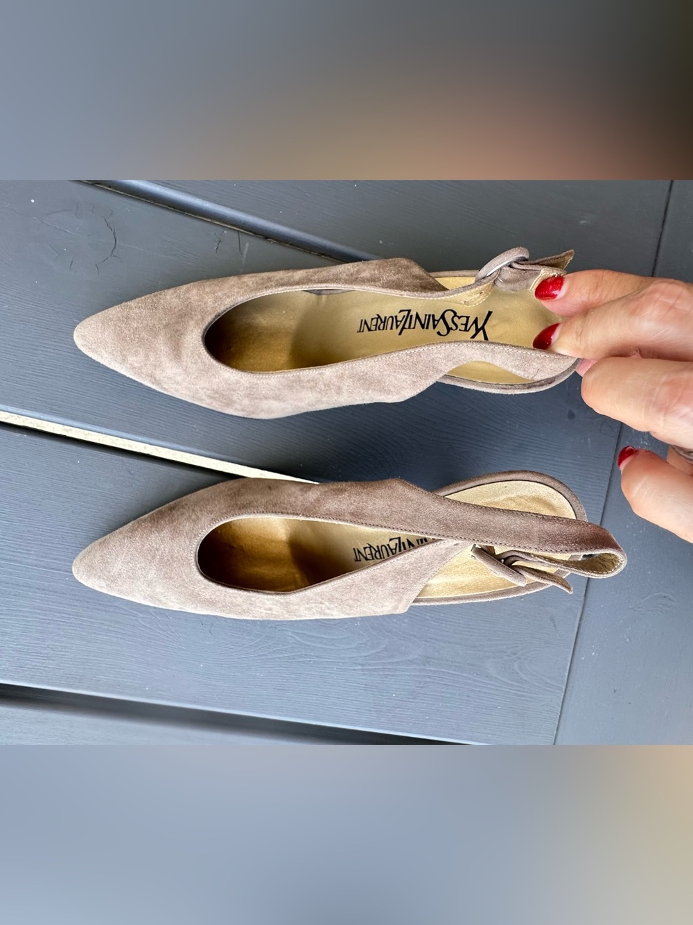 Saint Laurent Taupe Suede Pointed Slingback Pumps Sz 7.5 - Picture 4 of 11